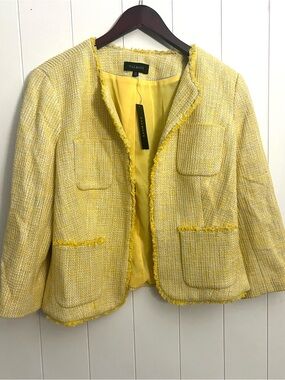 NWT Talbots Yellow Tweed Boucle Fringe Collarless Blazer Jacket Size 14
